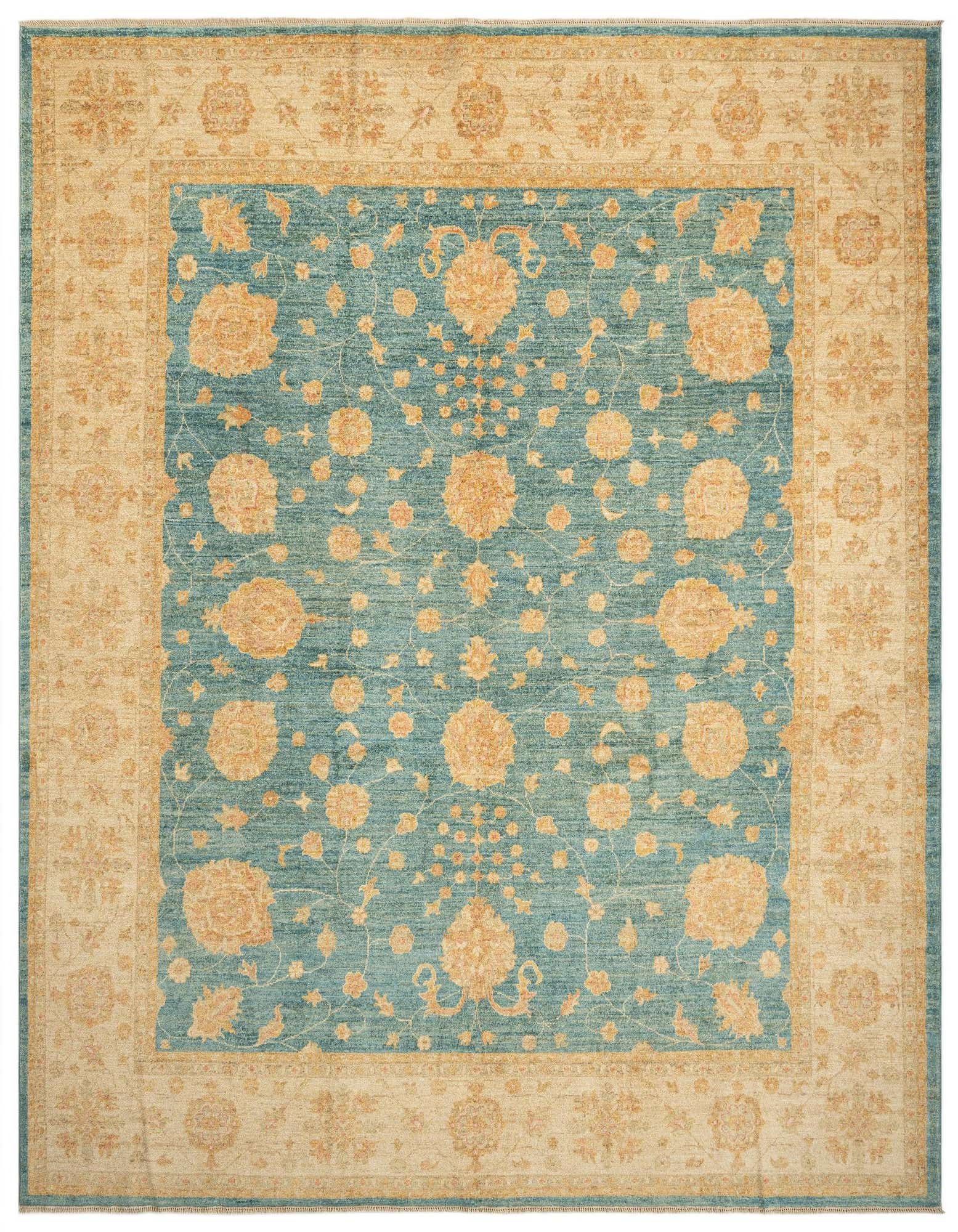 A rectangular 8x10 Kaizar Persian rug in blue and beige with intricate floral patterns, ideal for a living room.