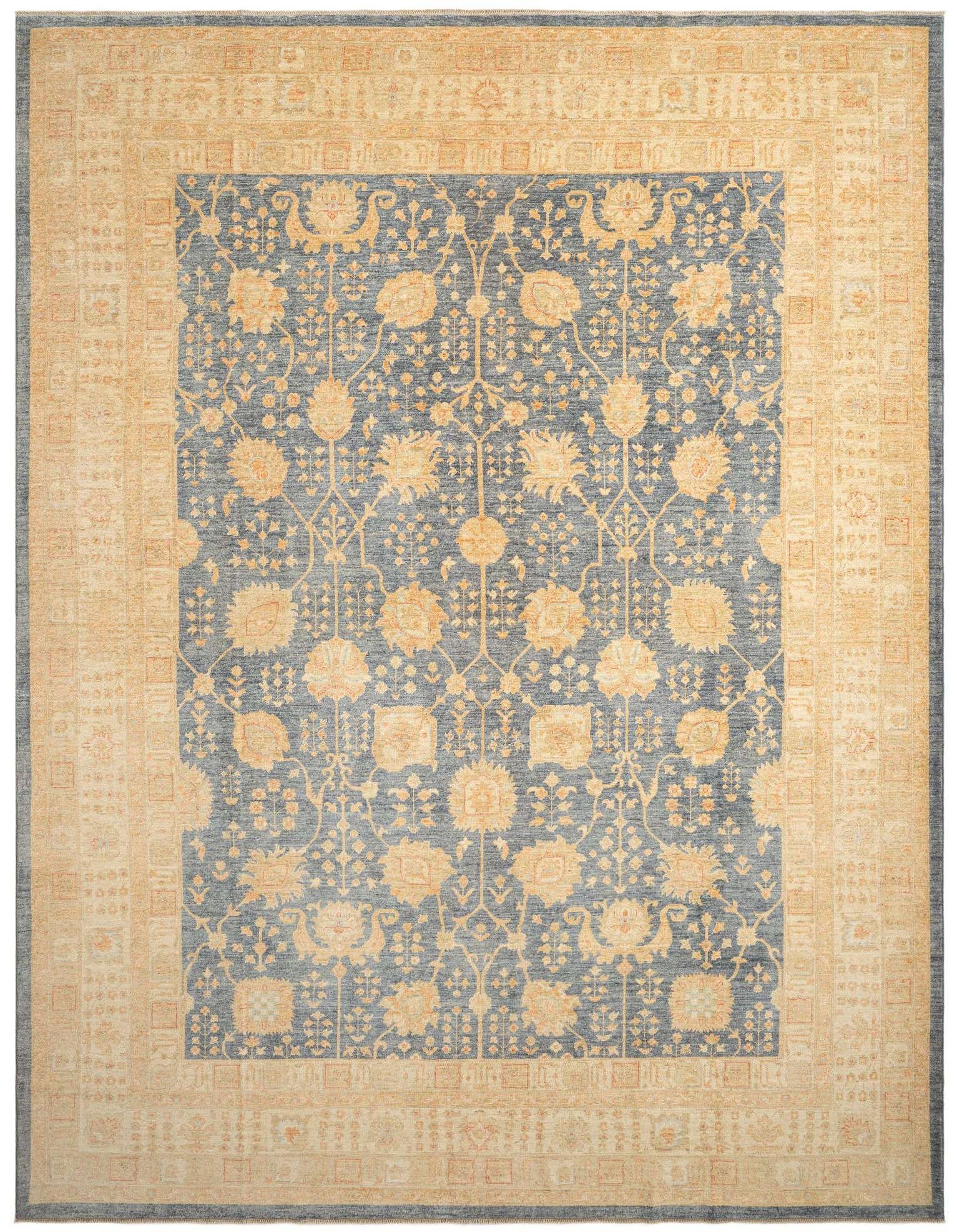A 10x13 rectangular Kaizar Persian wool rug with a blue field and intricate gold floral patterns, framed by a wide gold border with geometric motifs.