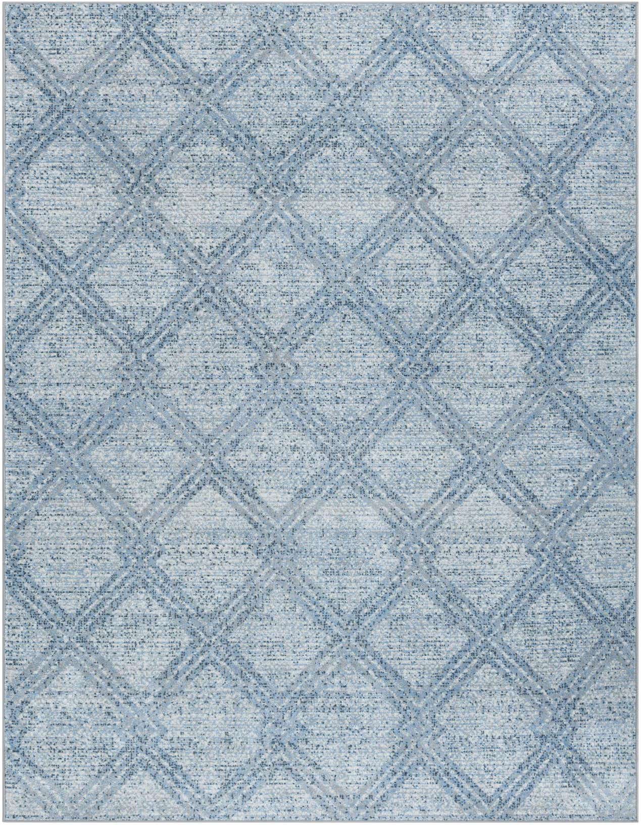 A 6x9 rectangular blue modern area rug with a subtle geometric diamond pattern, suitable for a living room.