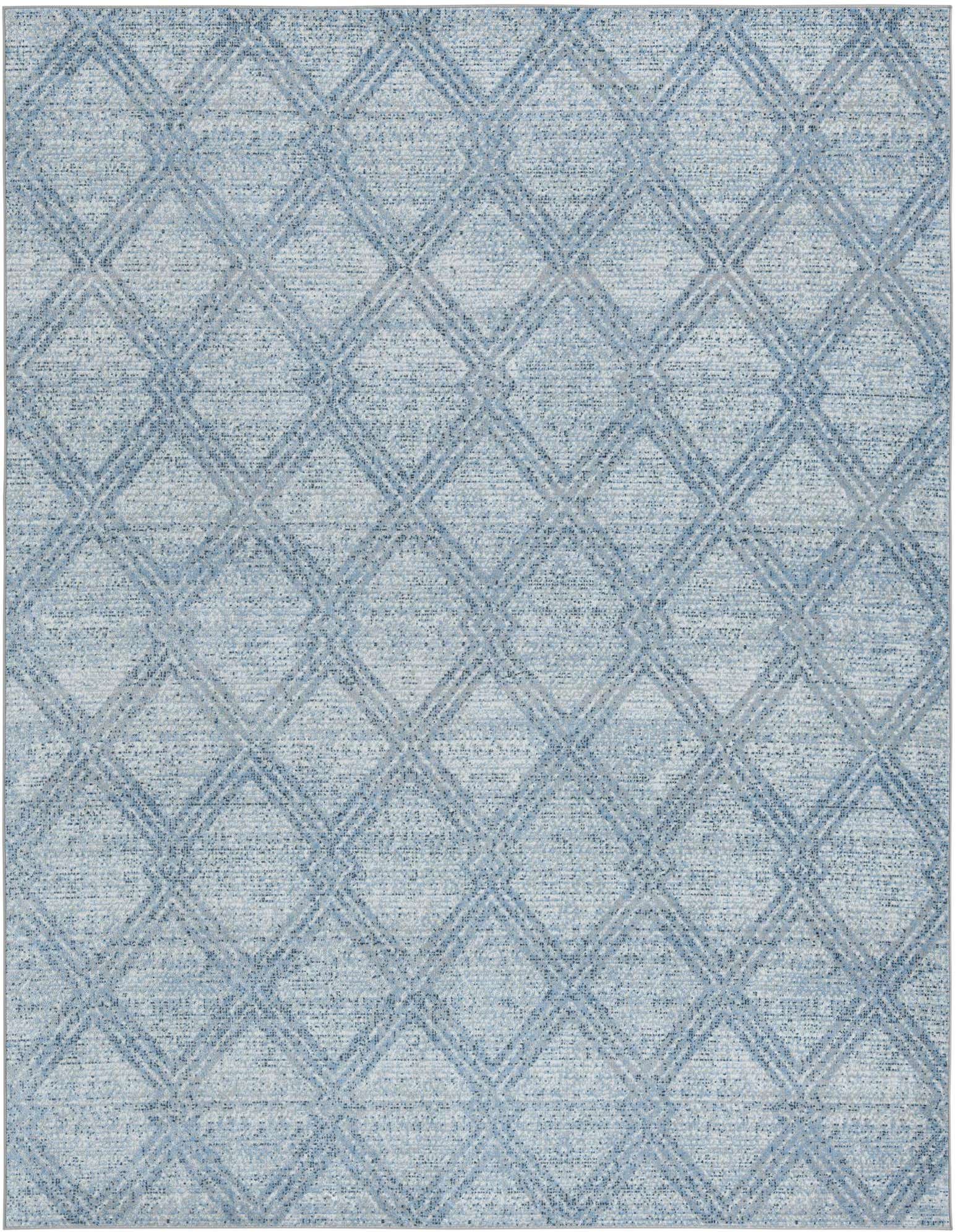 A rectangular 8x10 blue modern area rug with a subtle diamond lattice pattern, suitable for a living room.