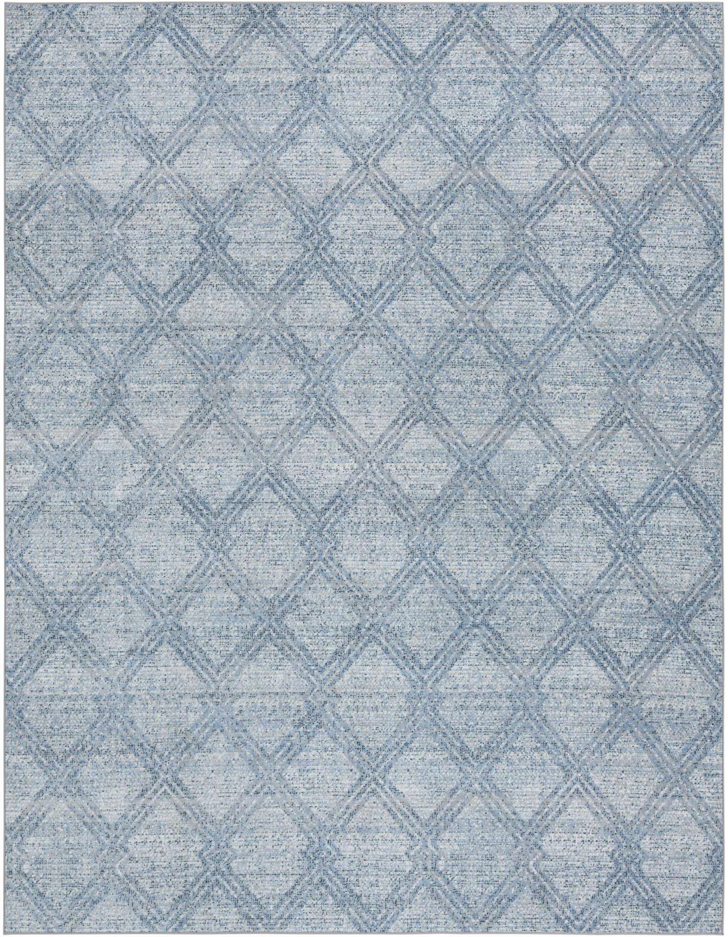 A 9x12 rectangular blue modern rug with a subtle geometric diamond pattern, suitable for a living room.
