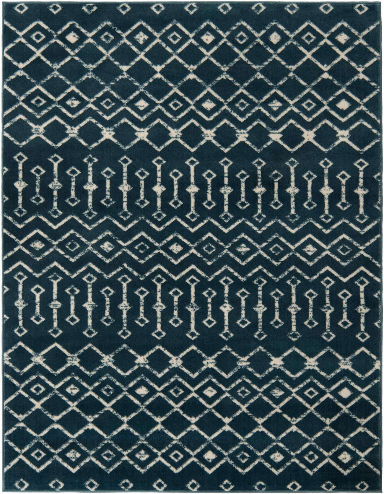 A 5x8 rectangular Kasbah Trellis rug in deep blue with an off-white tribal geometric pattern, suitable for a living room.
