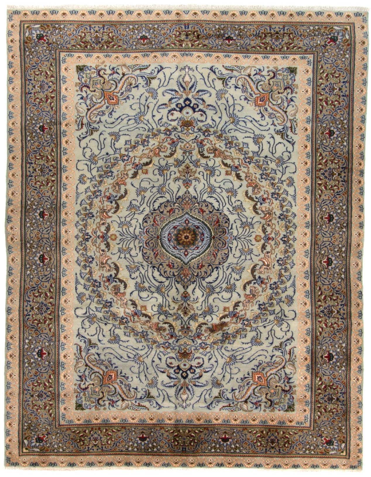 A 6x9 rectangular handmade Persian rug with a light blue field, intricate floral motifs, and a multi-bordered design.