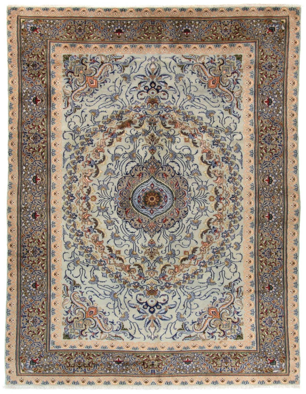 A 6x9 rectangular Persian rug with a light blue field, intricate floral patterns, and a multi-bordered design in blues, browns, and peach tones.