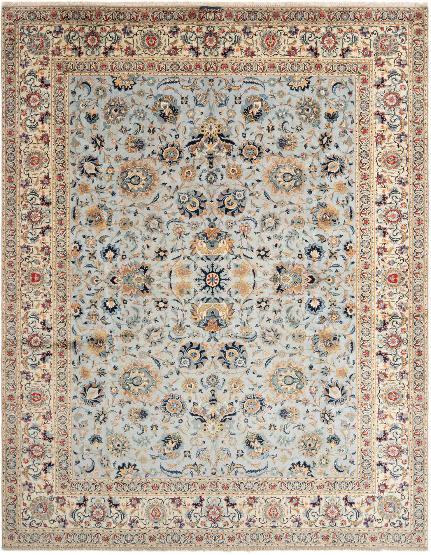 A 10x14 rectangular Kashan wool rug featuring a traditional floral pattern in shades of blue, gold, and cream.