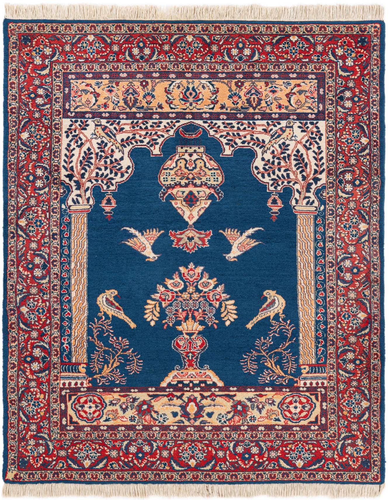 A 3x5 rectangular Kashan rug featuring a central blue field with a traditional Persian medallion and intricate floral and bird motifs, framed by red and cream borders.