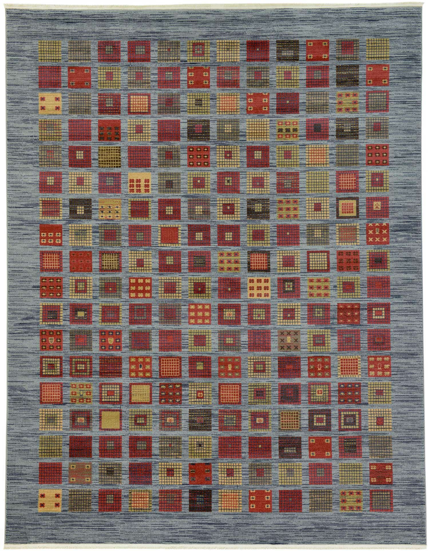 A 9x12 rectangular blue area rug featuring a grid of multicolored squares in red, gold, and brown tones, ideal for a living room.