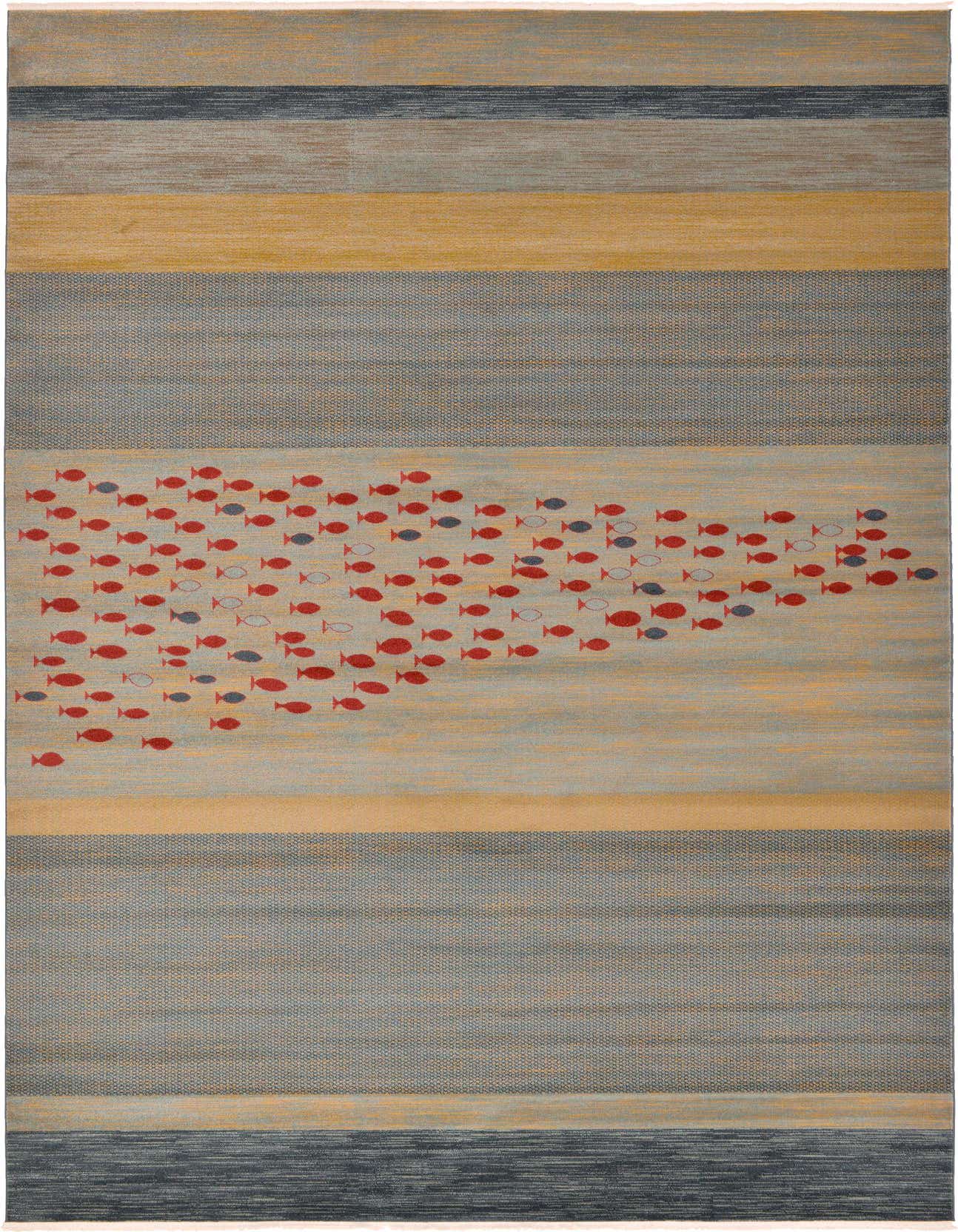 Rectangular blue and gold striped rug with a large school of red and blue fish swimming across the center.