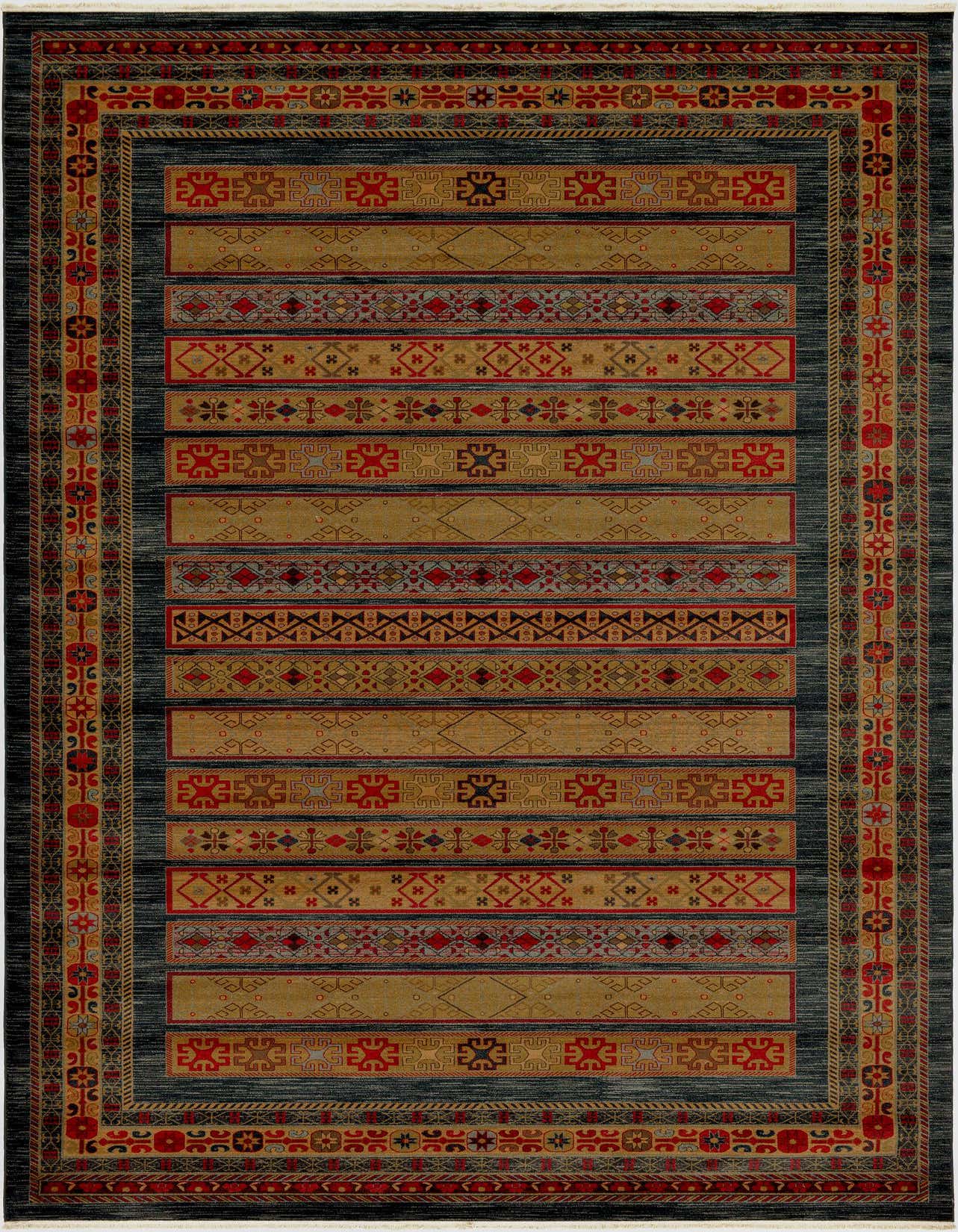 A rectangular Kashkuli Gabbeh palace rug featuring a tribal stripe pattern in blues, gold, and red, ideal for a living room.