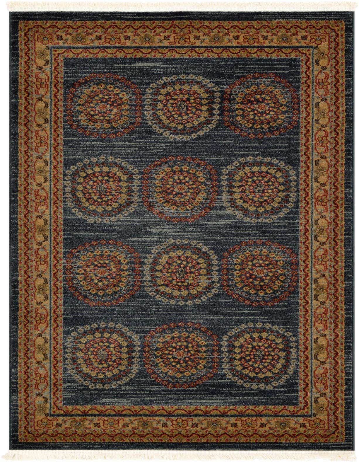 A 3x5 rectangular Kashkuli Gabbeh rug featuring a distressed blue field with gold and red medallions, bordered by traditional patterns.