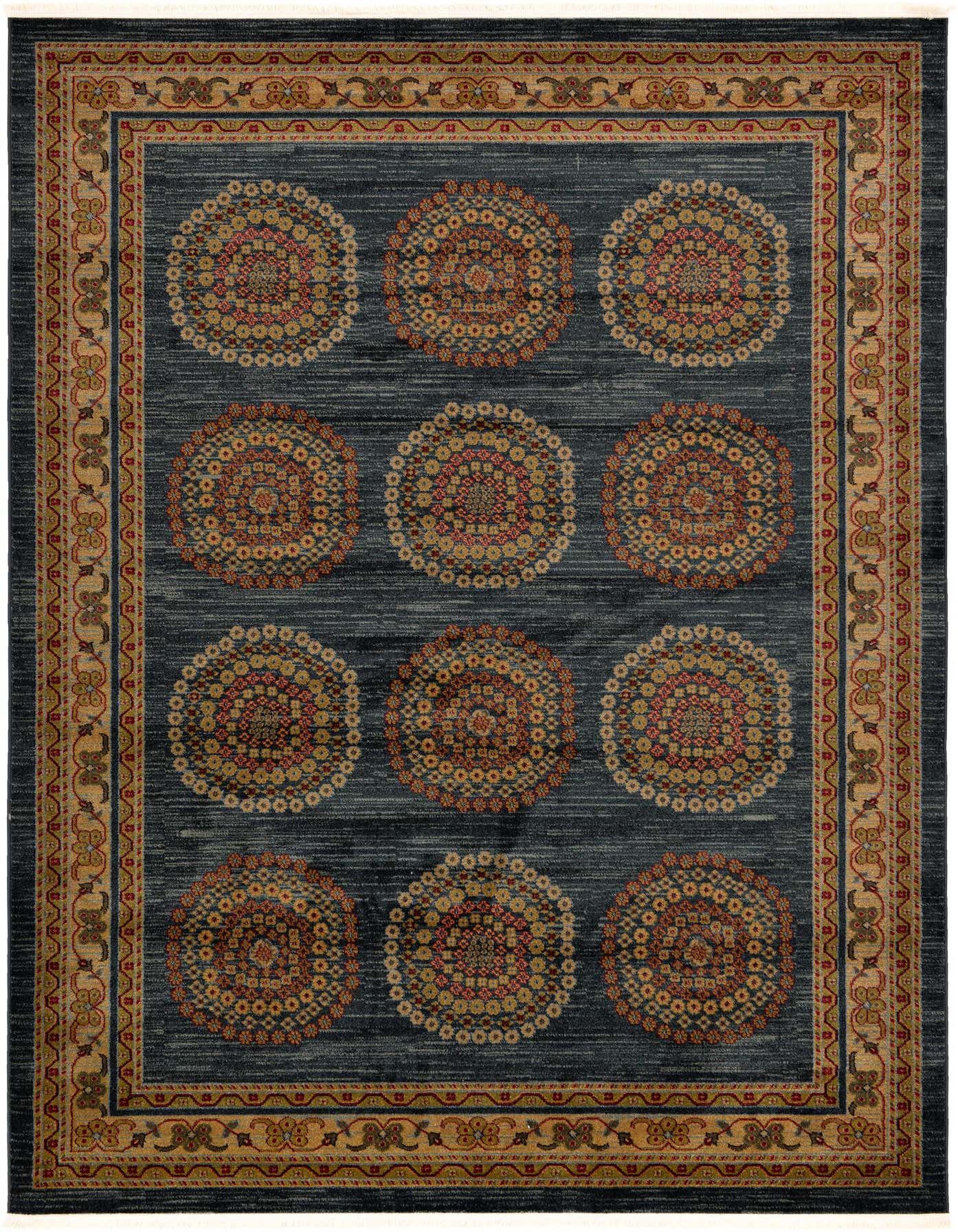 A 7x10 rectangular Kashkuli Gabbeh rug featuring a blue field with nine circular medallion patterns in gold, red, and brown, framed by a detailed border.