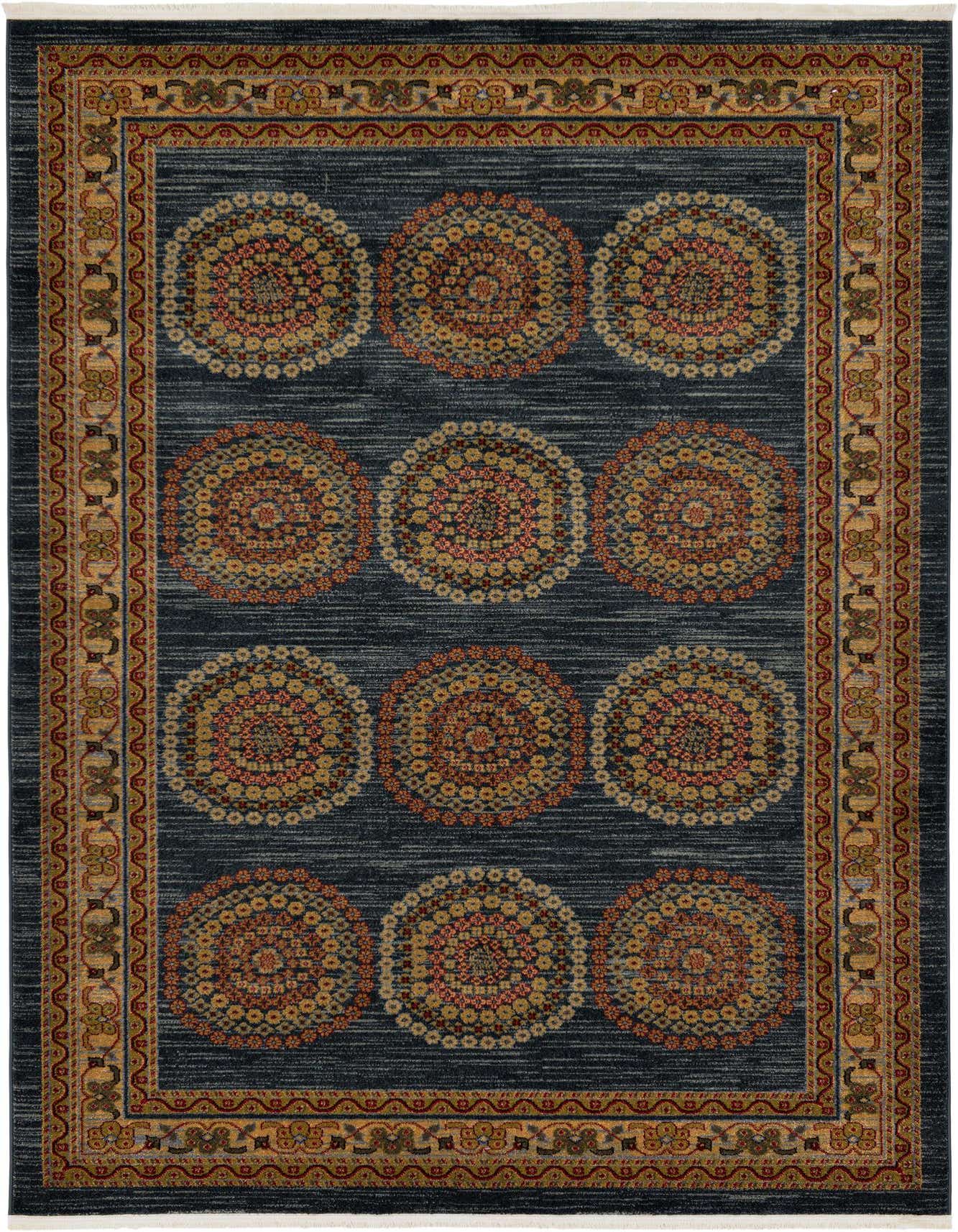 A 6x9 rectangular Kashkuli Gabbeh rug featuring a dark blue field with twelve circular medallion patterns in gold, red, and orange, framed by a detailed gold and red border.