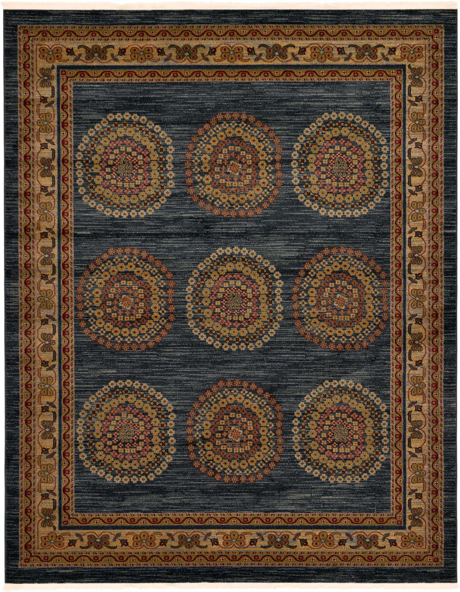 An 8x10 rectangular blue area rug featuring nine gold and red medallion patterns with a detailed border.