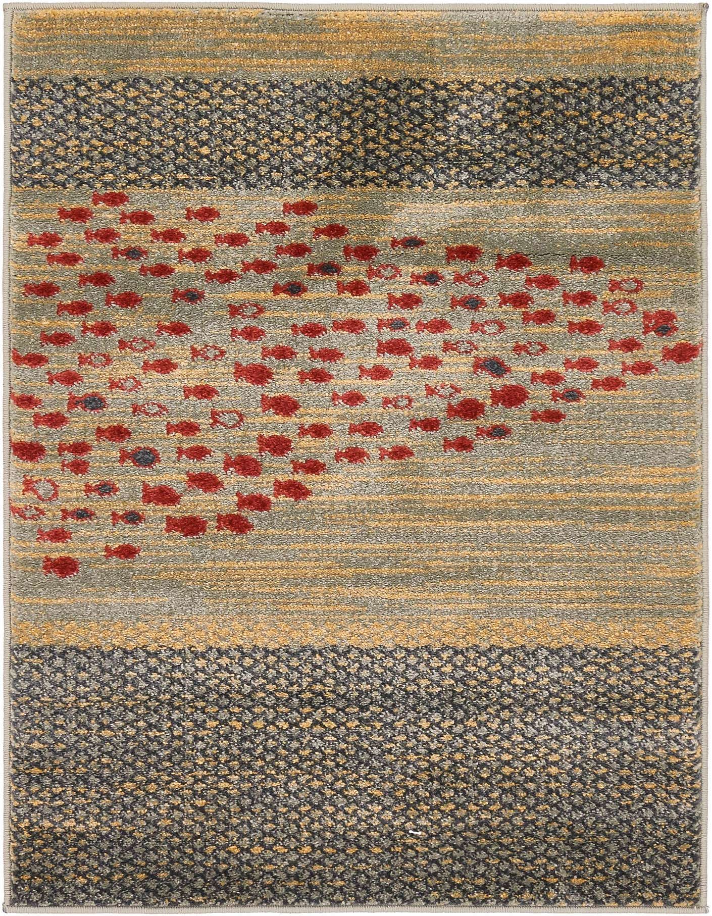 A rectangular 2x3 blue and gold rug with a school of red fish swimming across the center, flanked by patterned dark gray and gold stripes.