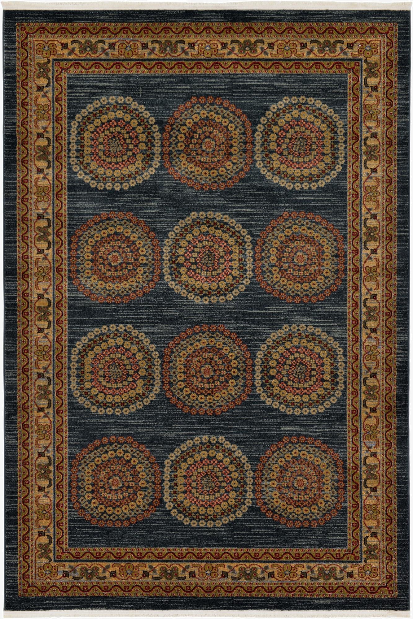 A 6x9 rectangular Kashkuli Gabbeh rug featuring a dark blue field with twelve circular medallion patterns in gold, red, and orange, framed by a detailed gold and red border.
