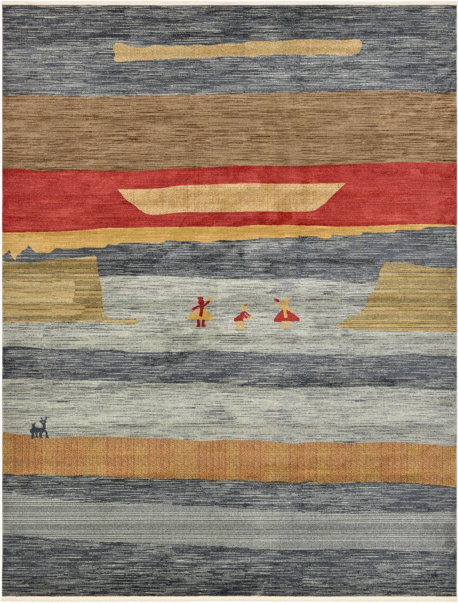 A 10x13 rectangular blue Kashkuli Gabbeh rug with a modern tribal stripe pattern and small figures.