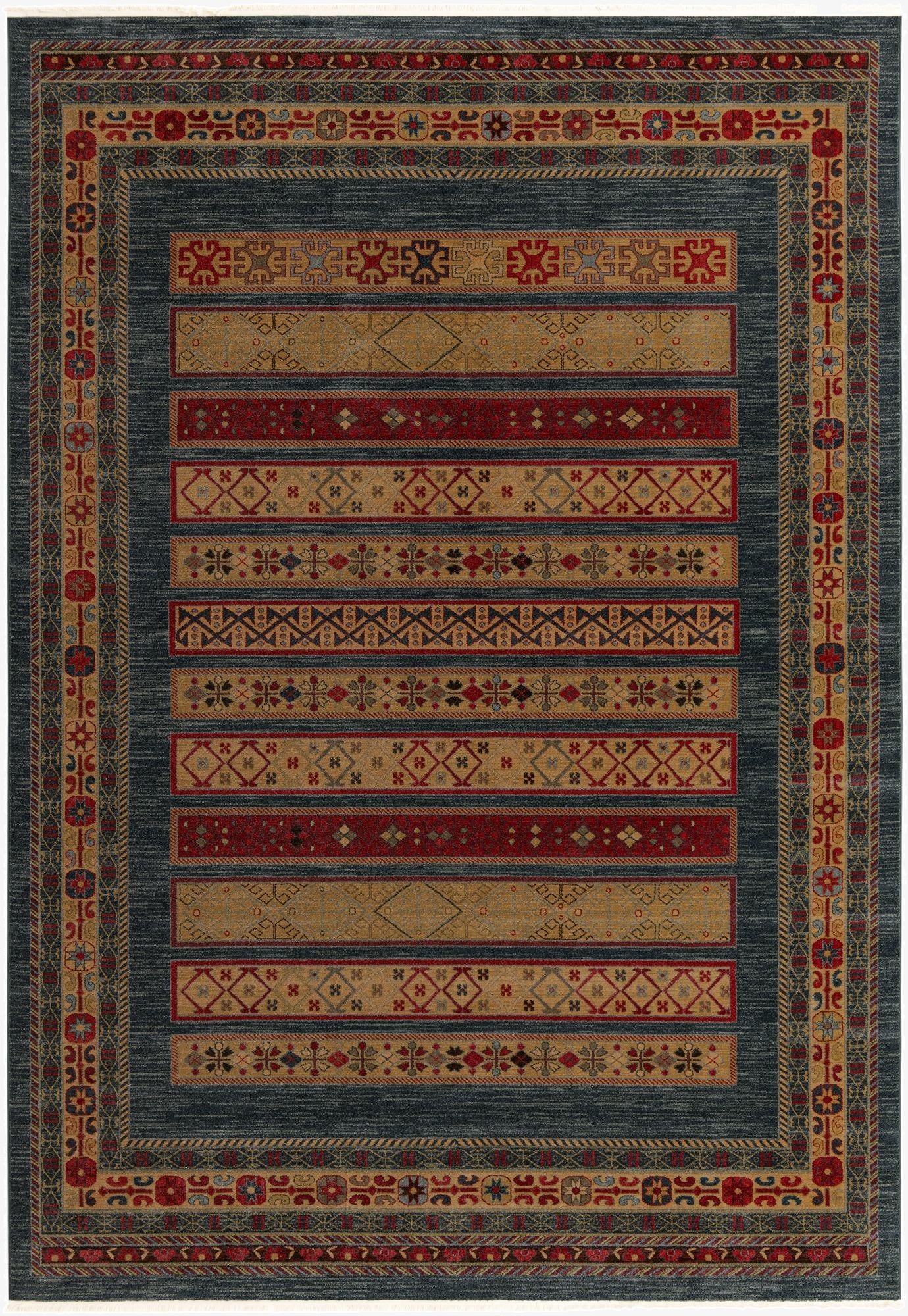 A 10x14 rectangular Kashkuli Gabbeh rug featuring a blue field with red, gold, and beige tribal stripes and a detailed border.