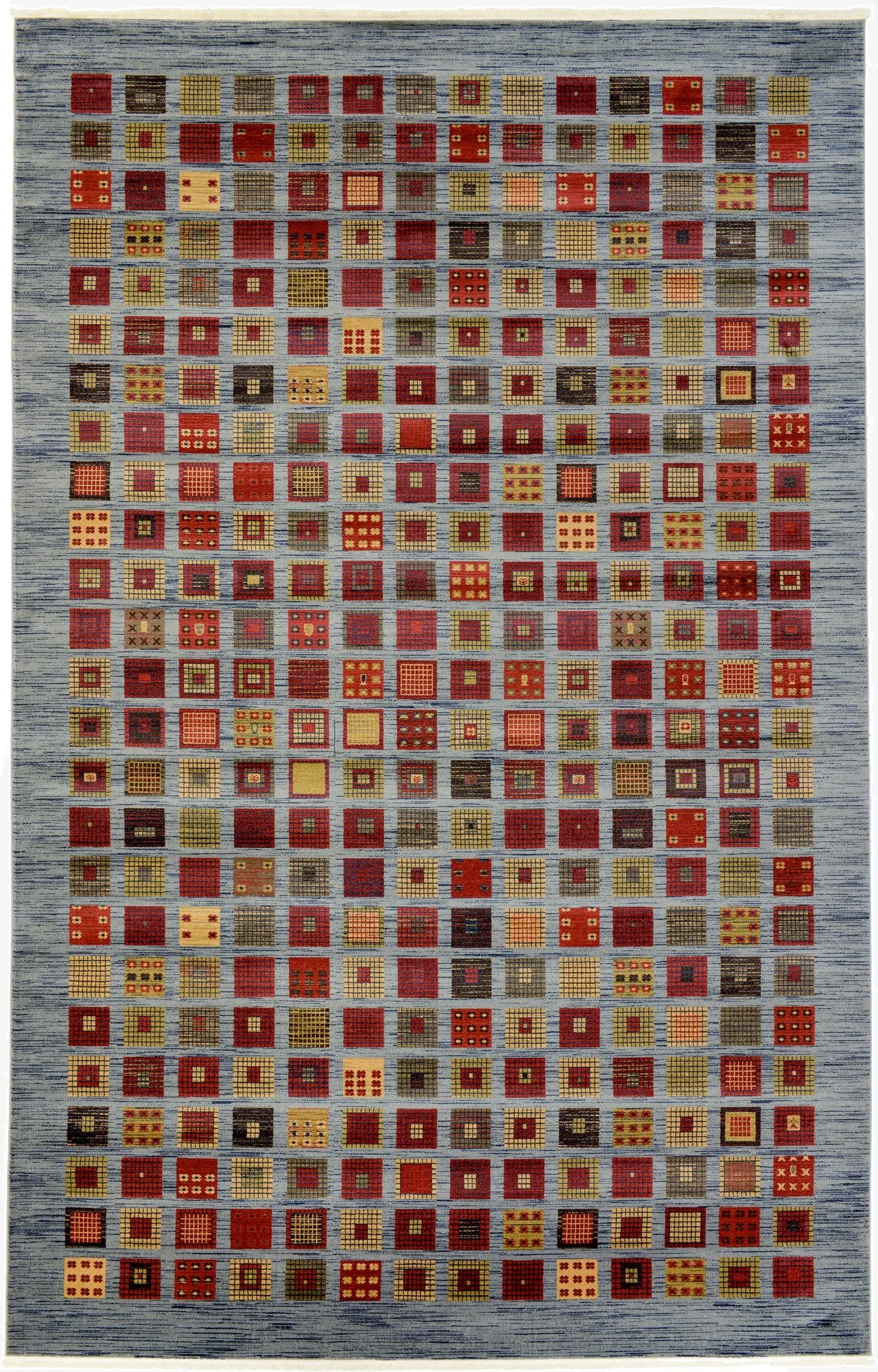 A large rectangular Kashkuli Gabbeh rug featuring a grid of colorful squares in reds, yellows, and browns on a blue background.