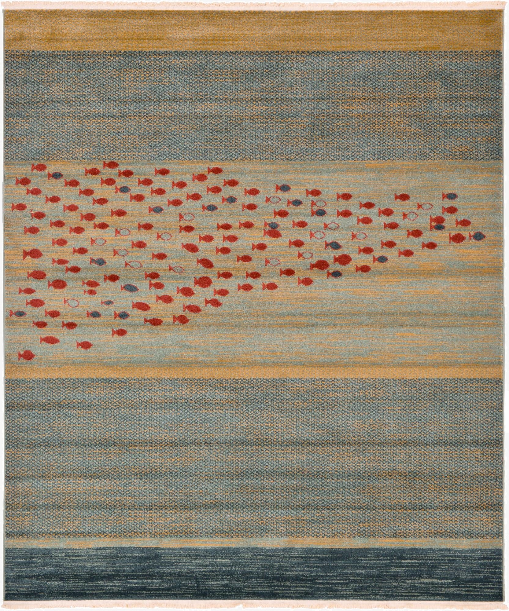 A 7x10 rectangular blue rug with a school of red fish swimming across a light blue and gold striped pattern, perfect for a living room.