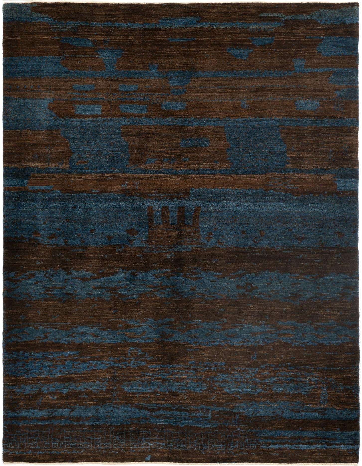 A 4x6 rectangular Kashkuli Persian rug in deep blues and browns, featuring an abstract, distressed pattern.