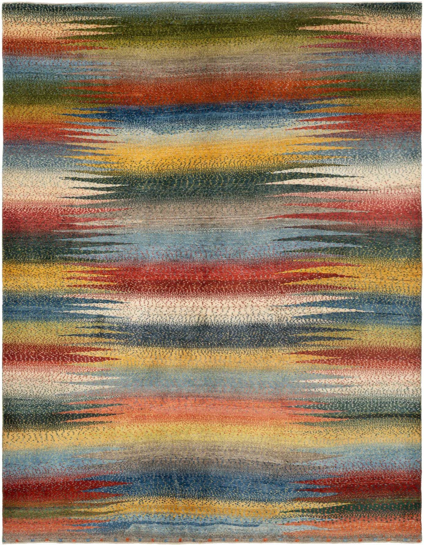 A 5x8 rectangular Kashkuli Persian rug with horizontal stripes in various shades of blue, red, yellow, and green, featuring a unique textured, dotted pattern.