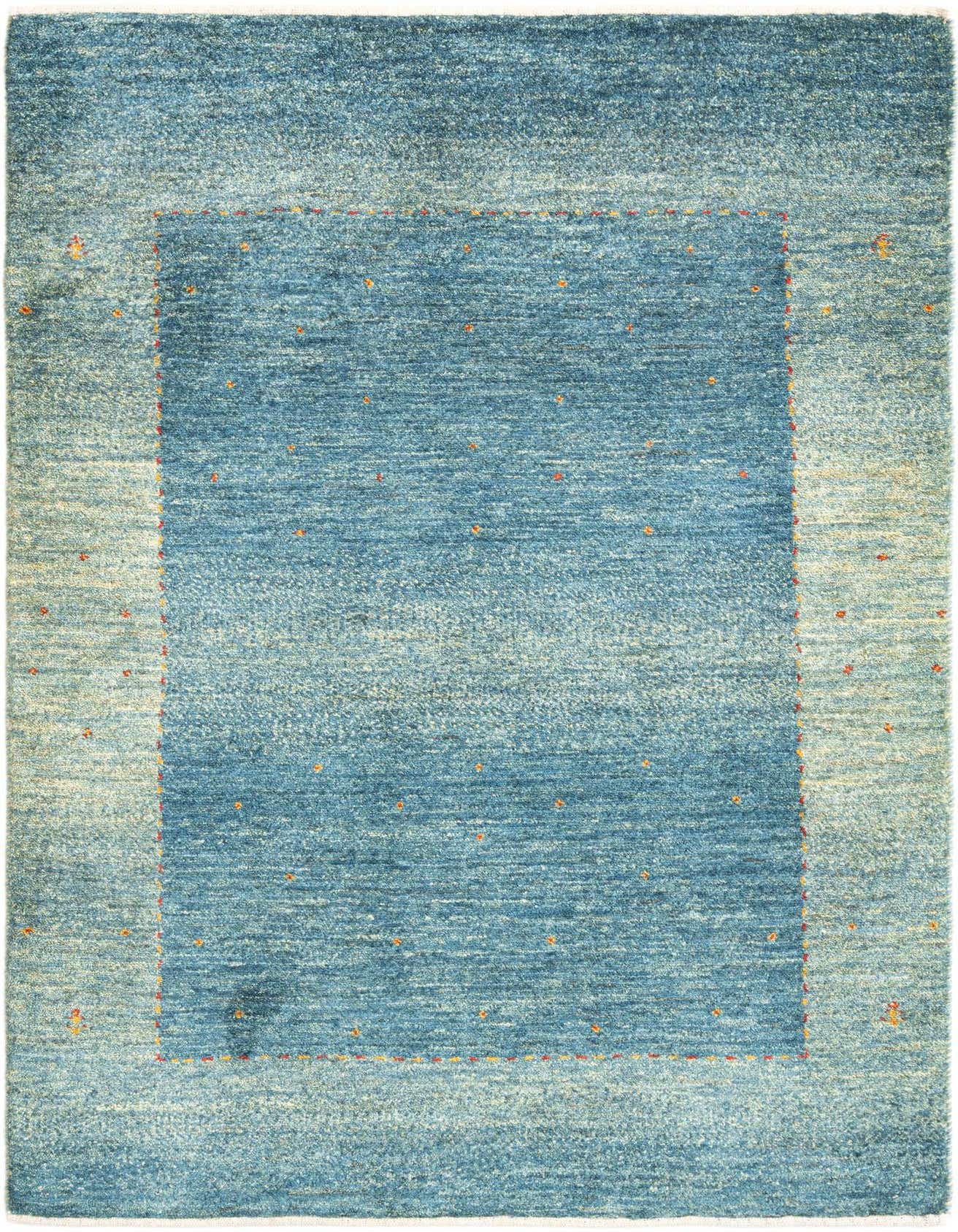 A 3x4 rectangular Kashkuli Persian rug in varying shades of blue, featuring a lighter blue border around a darker blue center with subtle orange accents.
