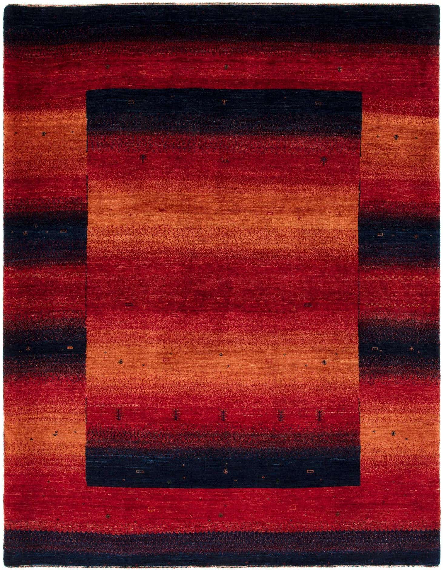 A rectangular 4x6 Kashkuli Persian rug with a gradient of deep blues, oranges, and reds, featuring a central dark blue border.