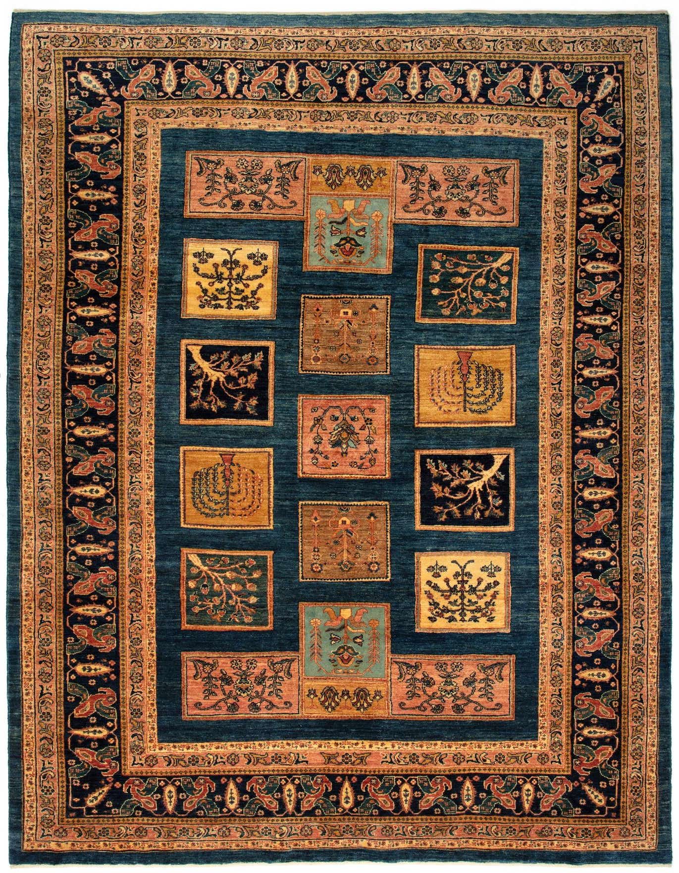 A 7x10 rectangular Kashkuli Persian rug in deep blue, featuring a grid of varied square motifs and an intricate border.
