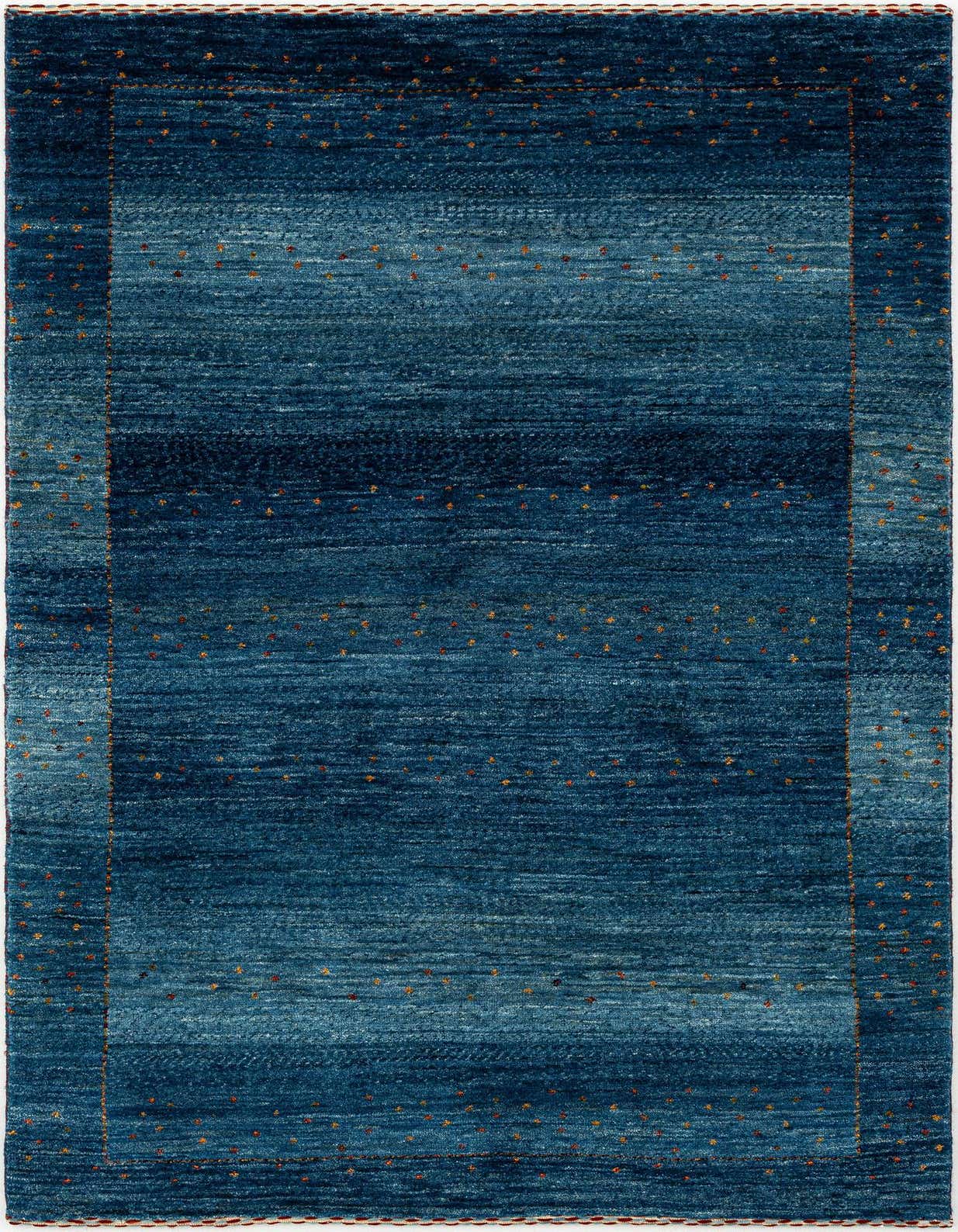 A rectangular Kashkuli Persian wool rug in varying shades of blue, featuring a subtle border and small, scattered orange and red dots.