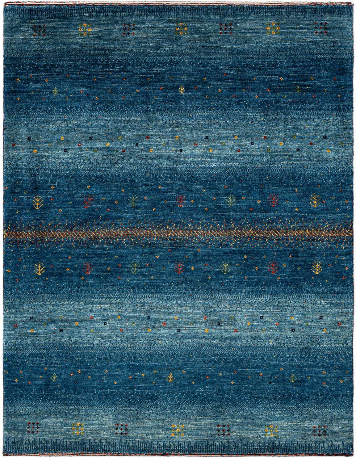 A rectangular handmade Persian wool rug featuring varying shades of blue with subtle red, yellow, and green accents.