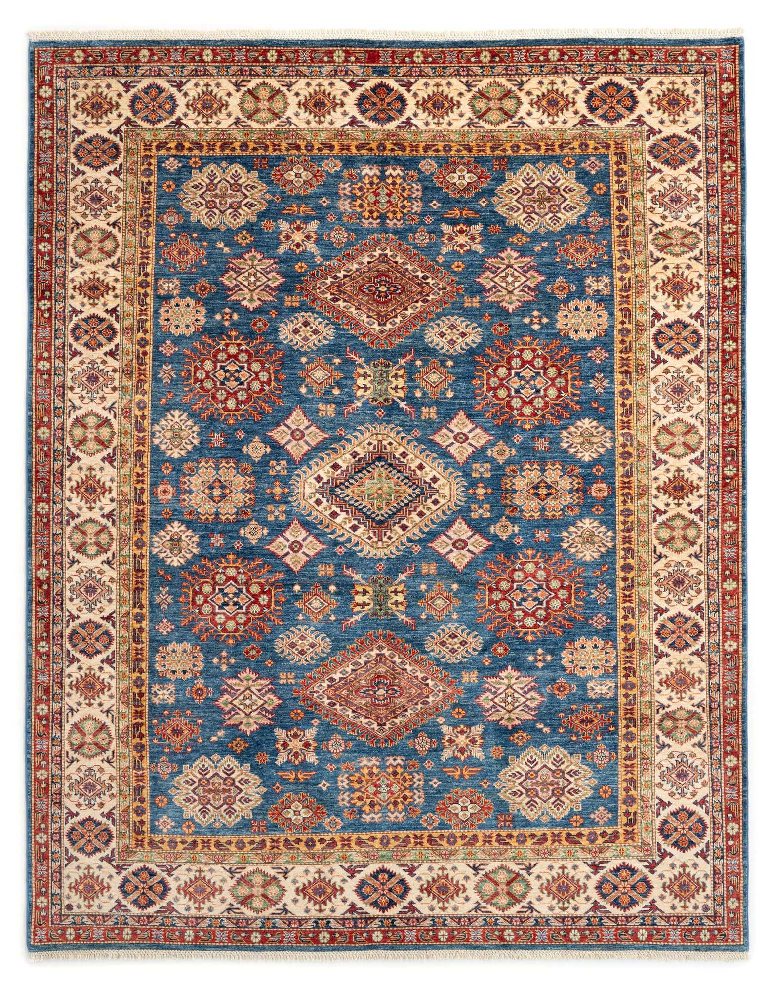 A rectangular 8x10 blue Persian wool rug with intricate red, cream, and gold traditional patterns, suitable for a living room.