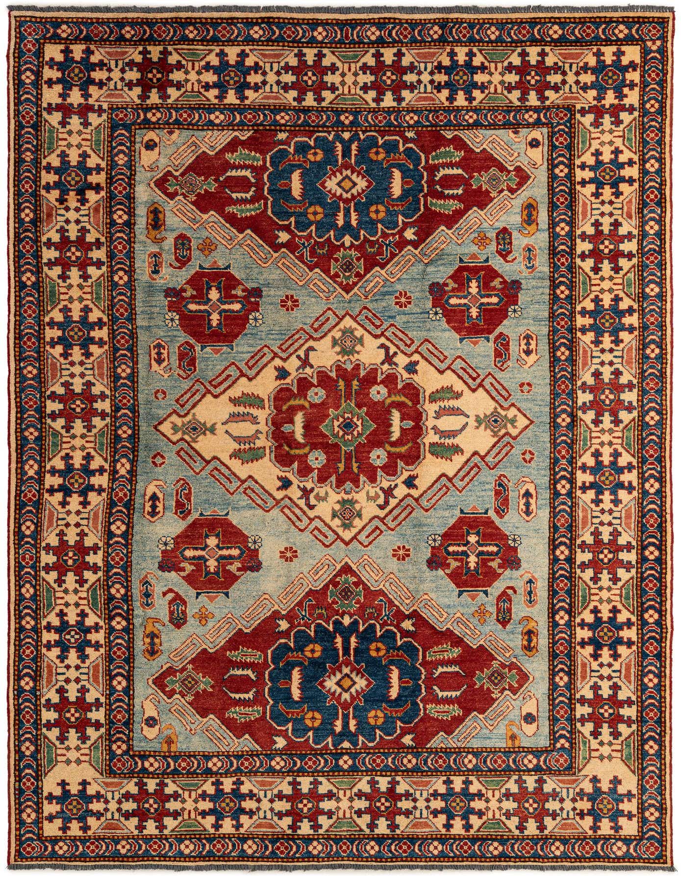 A 5x8 rectangular Kazak wool rug featuring a traditional medallion pattern in shades of blue, red, and beige.