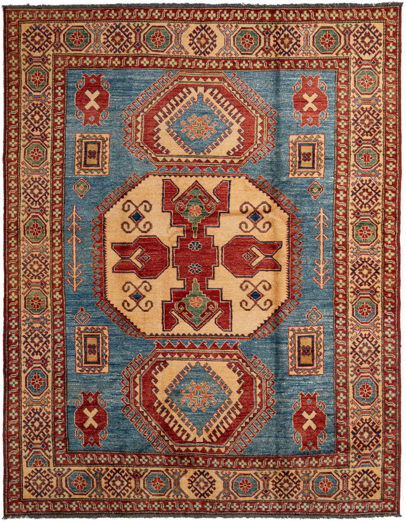 A 6x9 rectangular Rugs.com Kazak rug with a central medallion, featuring a blue field, red and cream patterns, and a detailed border.