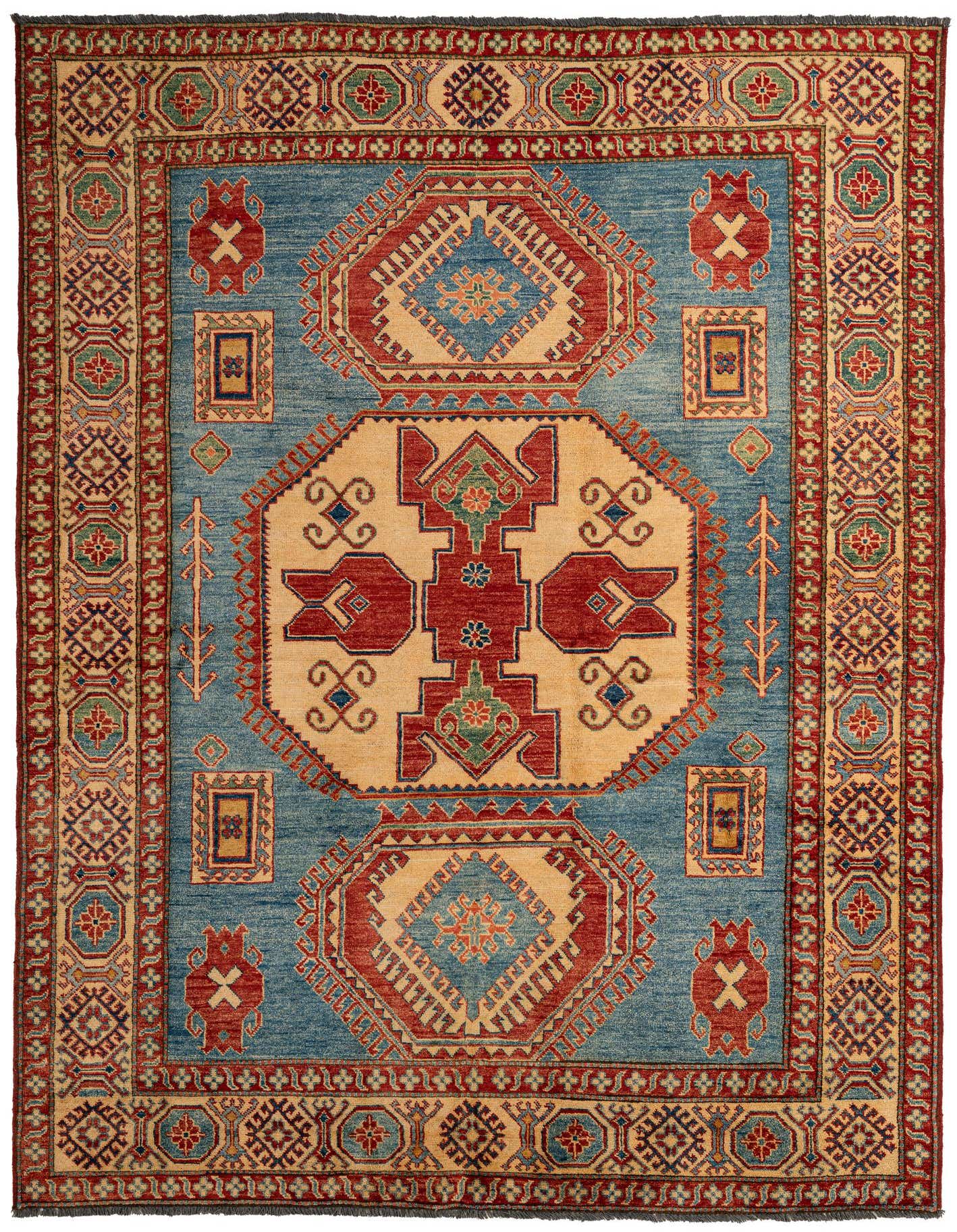 A 6x9 rectangular blue and red Kazak rug with a central medallion and intricate geometric patterns.