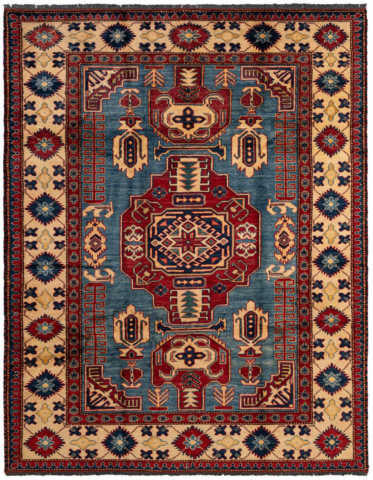 A 6x9 rectangular Rugs.com Kazak rug featuring a traditional Oriental medallion pattern in blues, red, and cream.