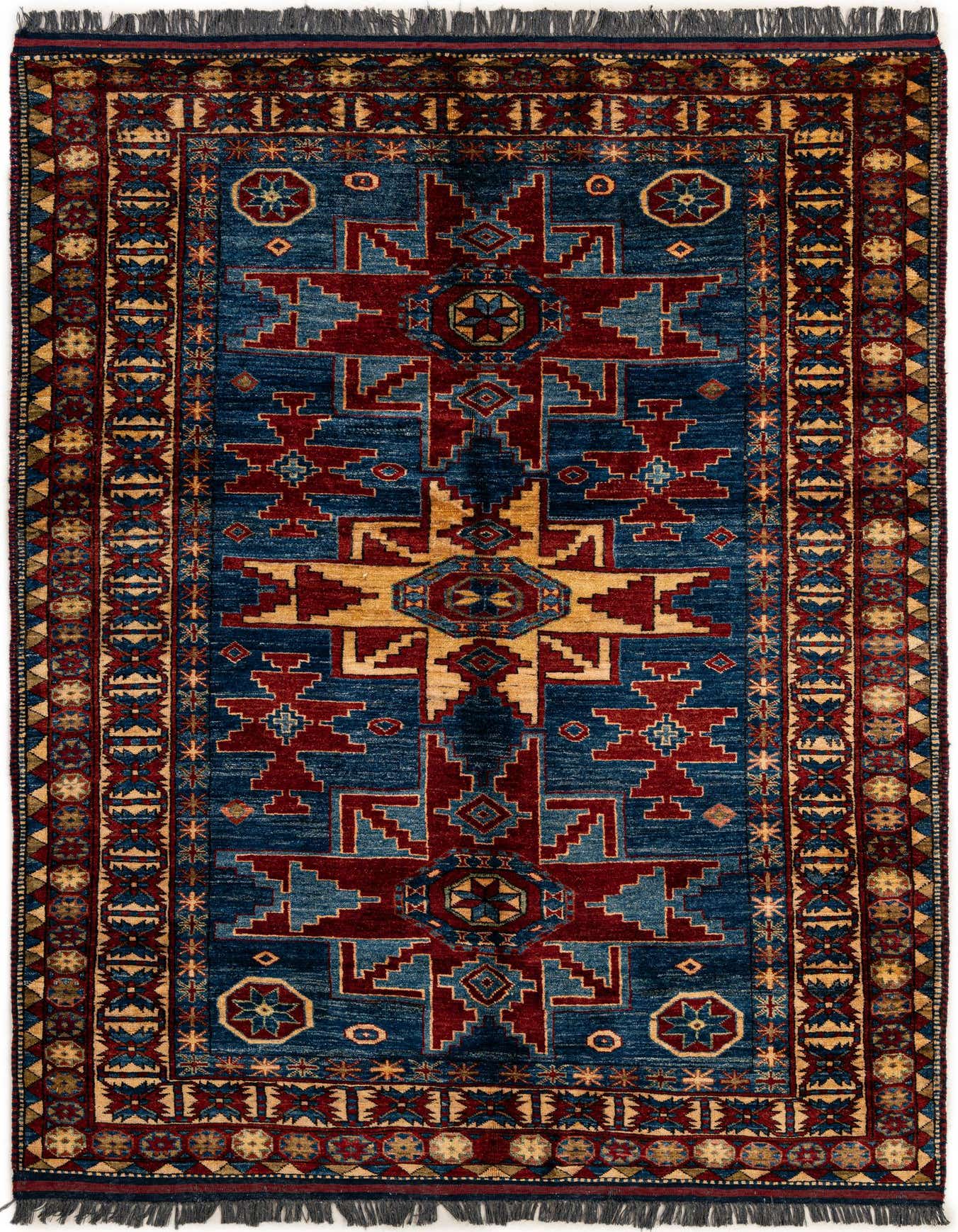 A 5x7 rectangular Kazak rug with a traditional Oriental medallion pattern in deep blues, reds, and gold.