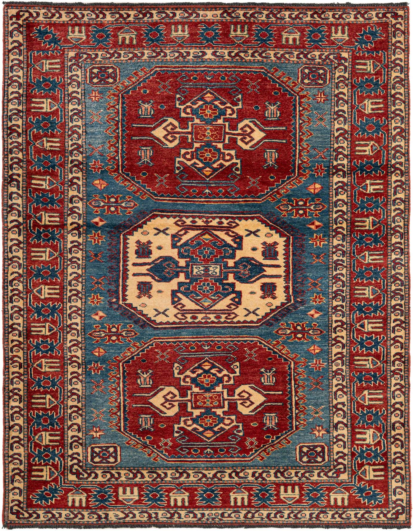 A 4x6 rectangular Kazak rug with a blue field and red, cream, and blue geometric oriental patterns, handmade from wool.