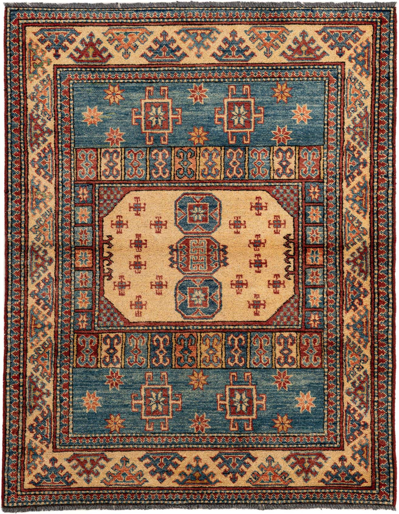 A 3x5 rectangular Kazak rug with a central beige medallion, surrounded by blue panels and intricate traditional patterns in blues, reds, and gold.