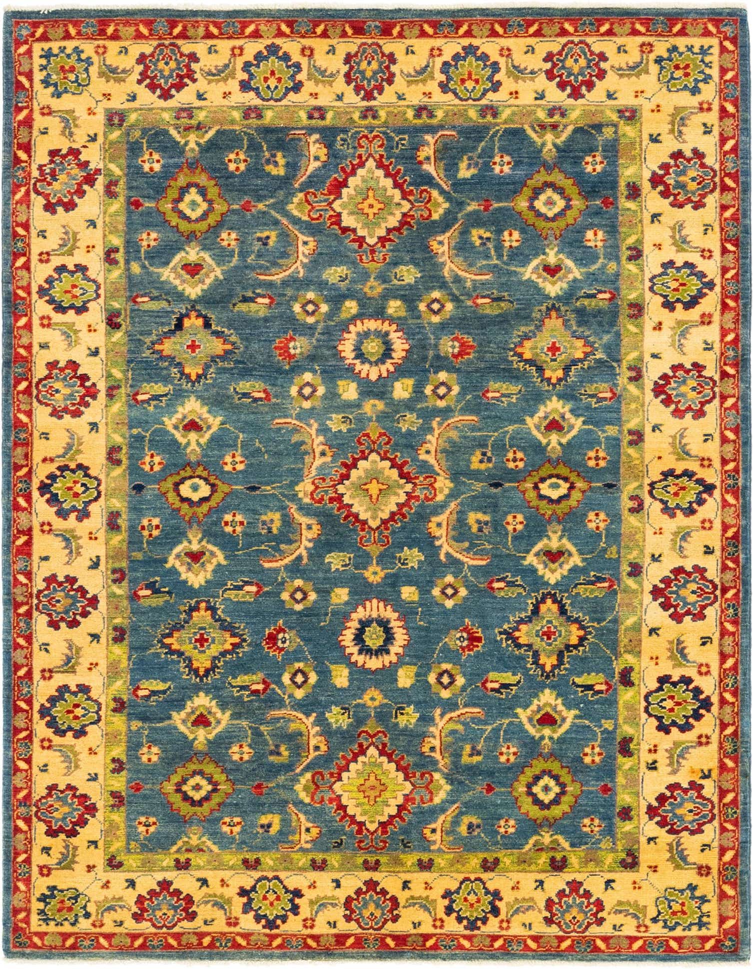 A 5x7 rectangular Kazak rug with a traditional botanical and tribal pattern in shades of blue, red, and gold.
