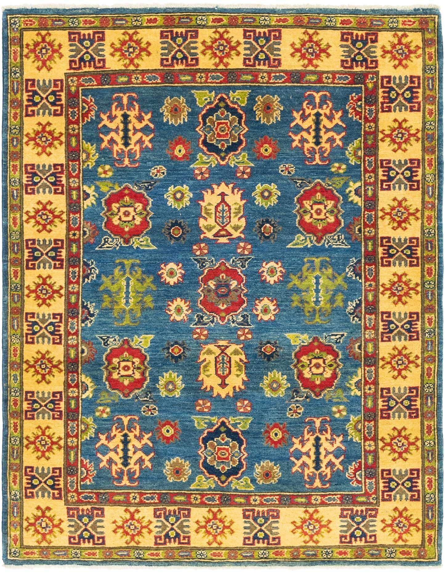 A 4x6 rectangular blue traditional rug with a detailed yellow border and intricate red, blue, and green tribal patterns.