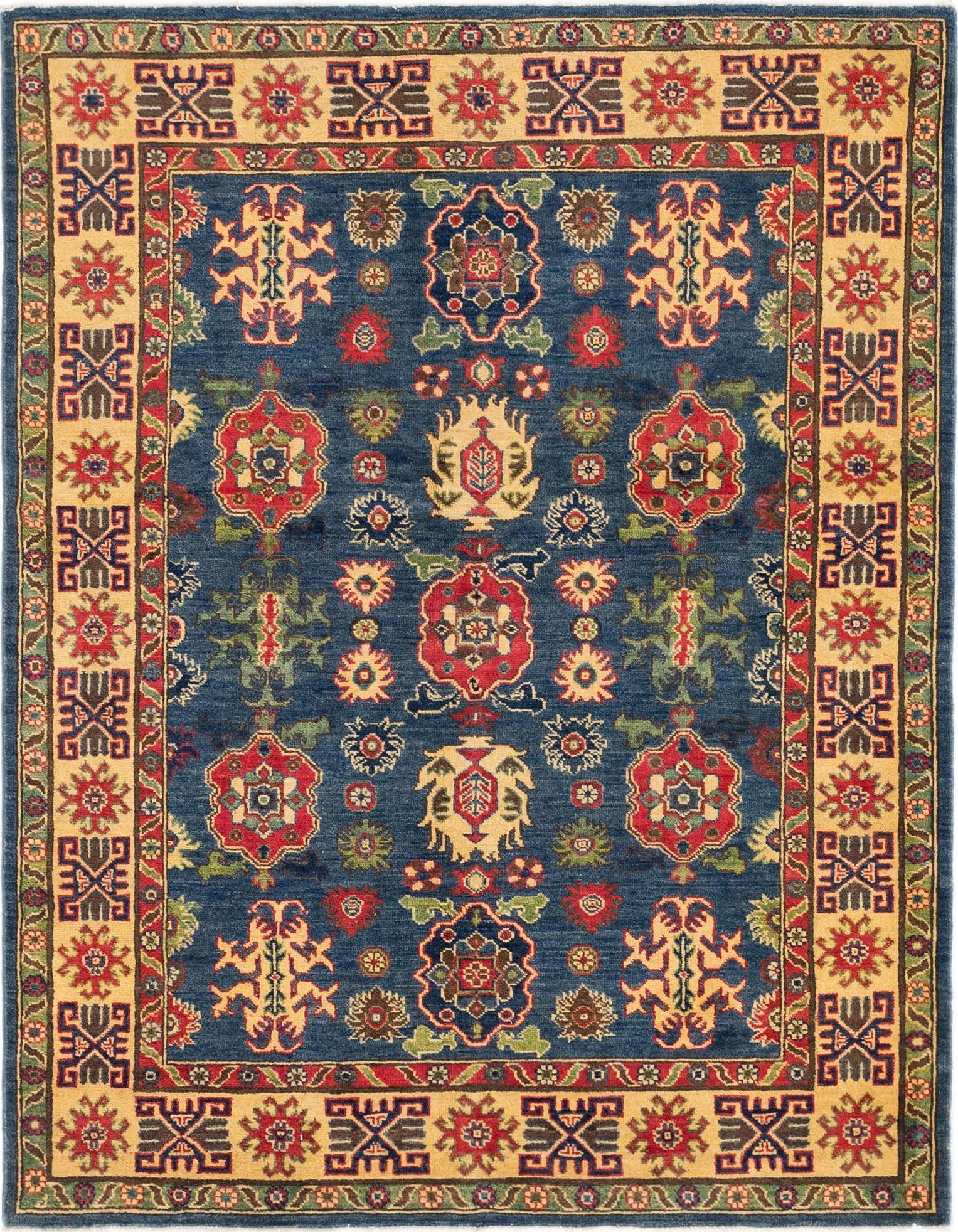 A 4x6 rectangular Kazak rug with a deep blue field and a gold border, featuring traditional tribal patterns in red, green, and cream.