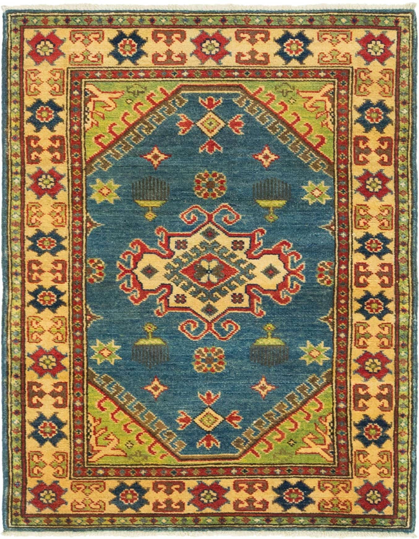 A 3x4 rectangular Rugs.com Kazak rug featuring a blue field with a central medallion and a multi-color border.