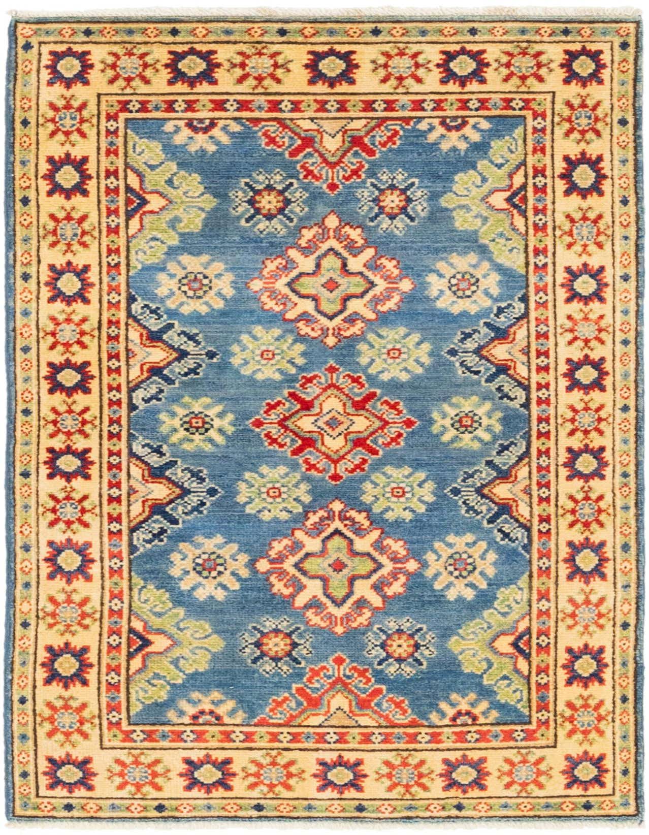 A 3x4 rectangular Rugs.com Kazak rug with a blue field, red medallion, and a cream traditional border.