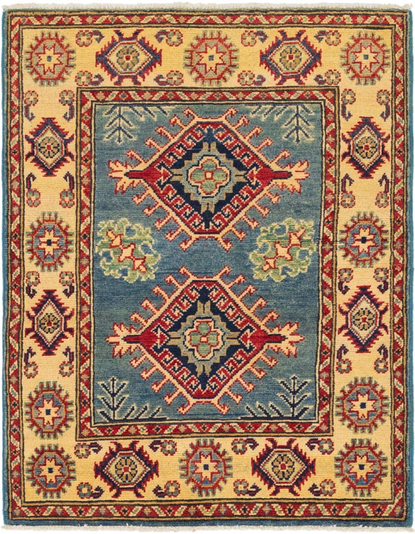 A 3x4 rectangular blue and gold traditional Kazak rug with intricate tribal medallion patterns, handmade from wool.