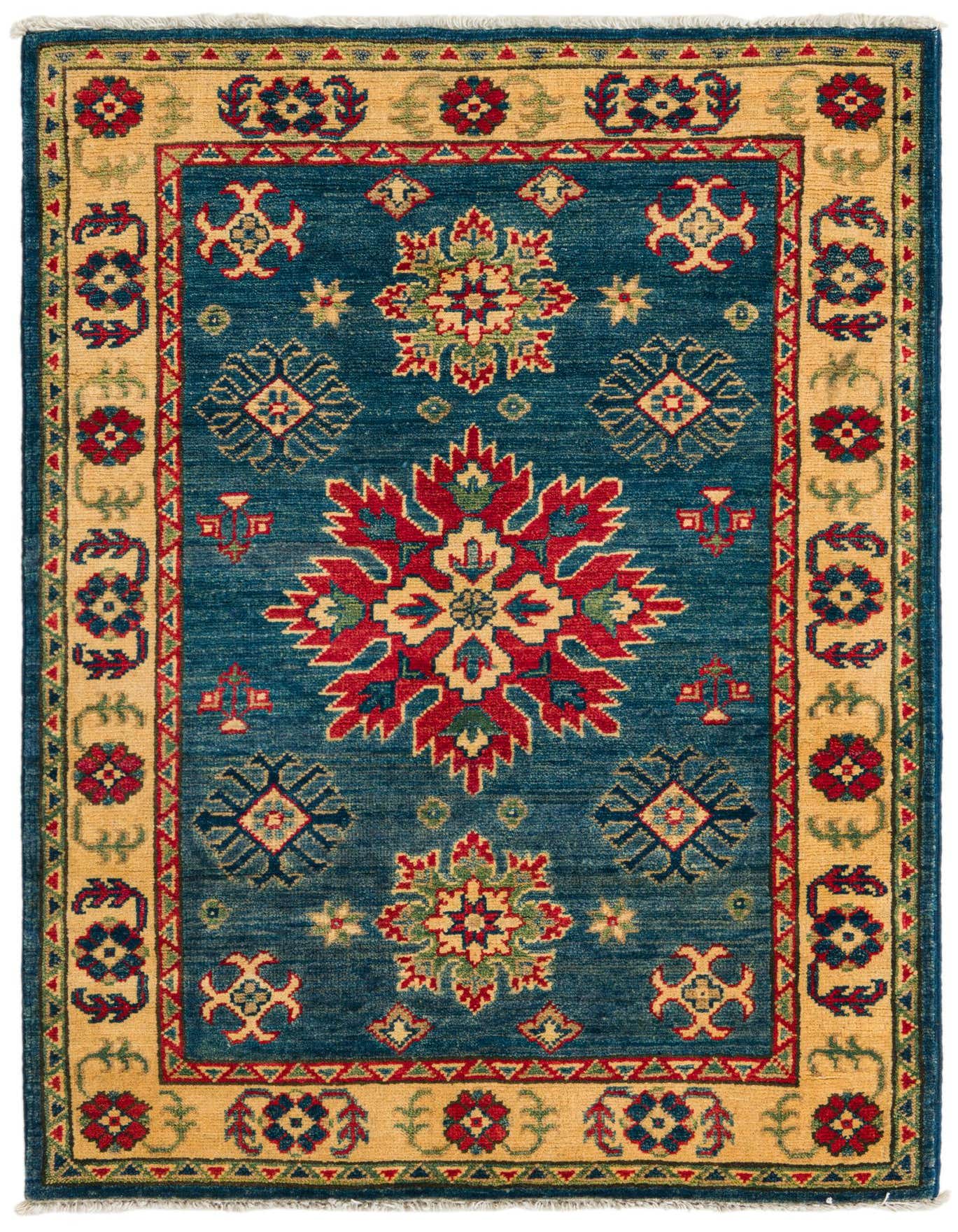 A 3x4 rectangular Rugs.com Kazak rug with a traditional tribal pattern in blues, reds, and gold, featuring a large central medallion.