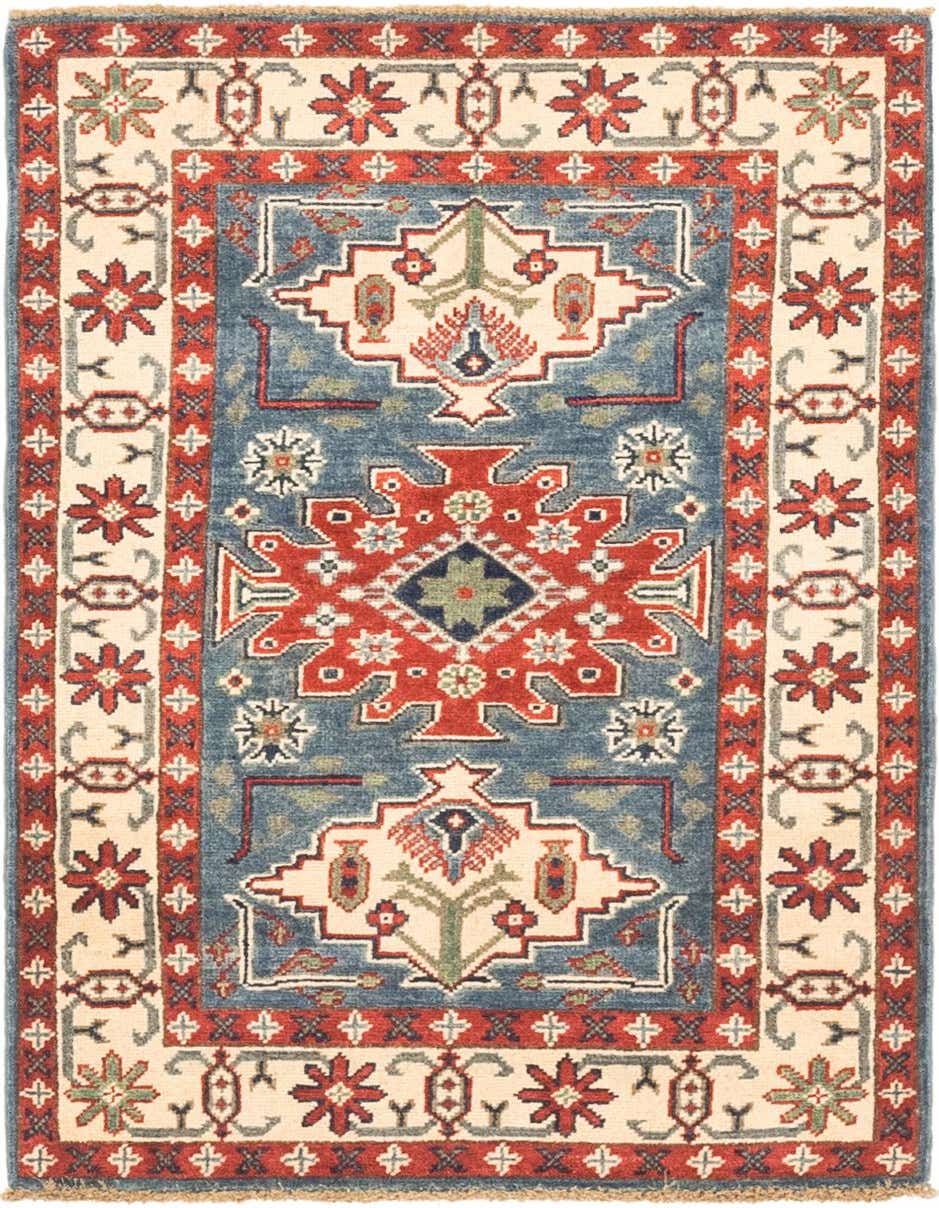 A 3x4 rectangular Rugs.com Kazak rug with a traditional tribal pattern in blues, red, and cream.