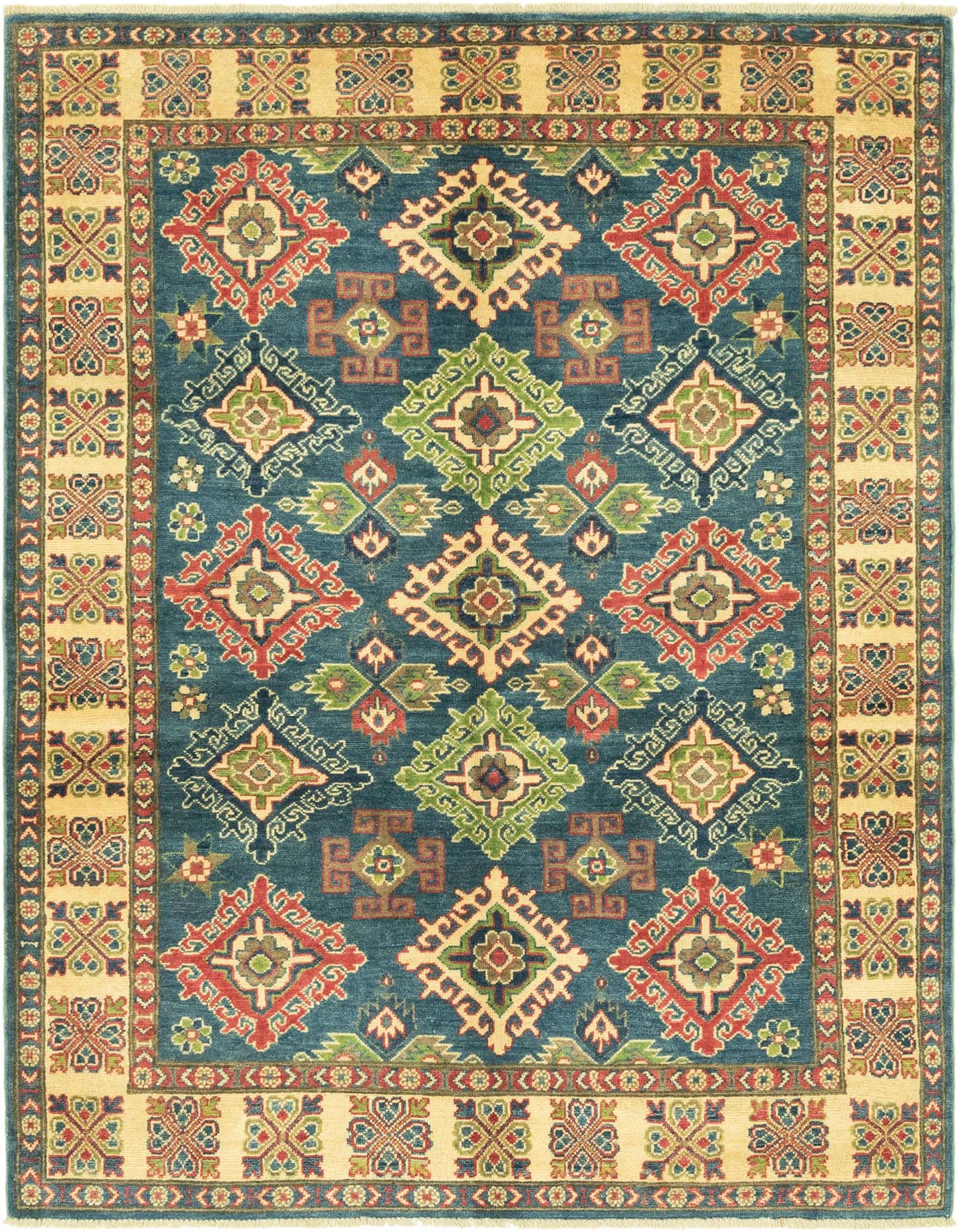 A 4x6 rectangular Rugs.com Kazak rug with a blue field and a cream border, featuring tribal and Oriental patterns in red, green, and brown.