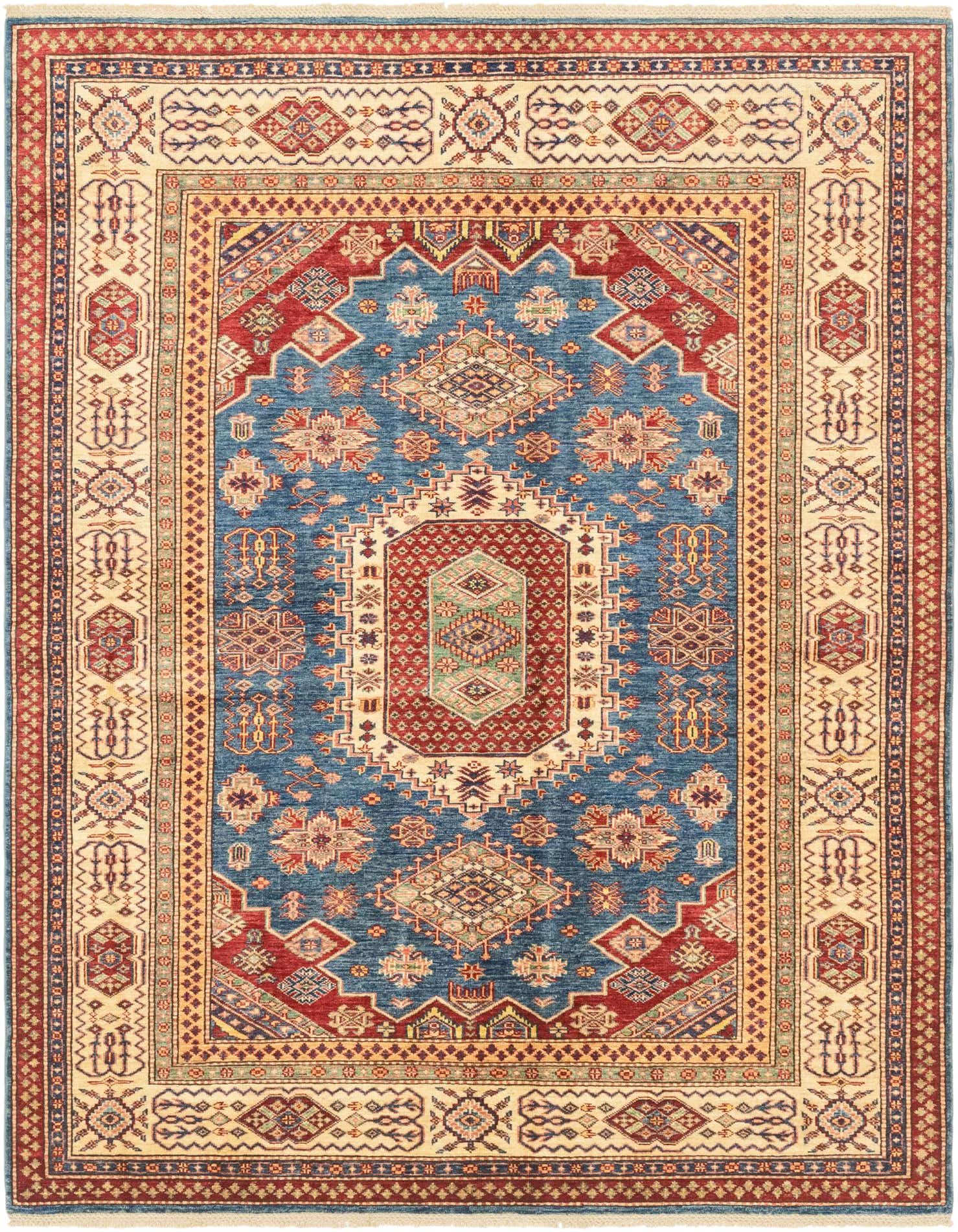 A 6x9 rectangular blue and red traditional Kazak rug with intricate medallion and tribal patterns, handmade from wool.
