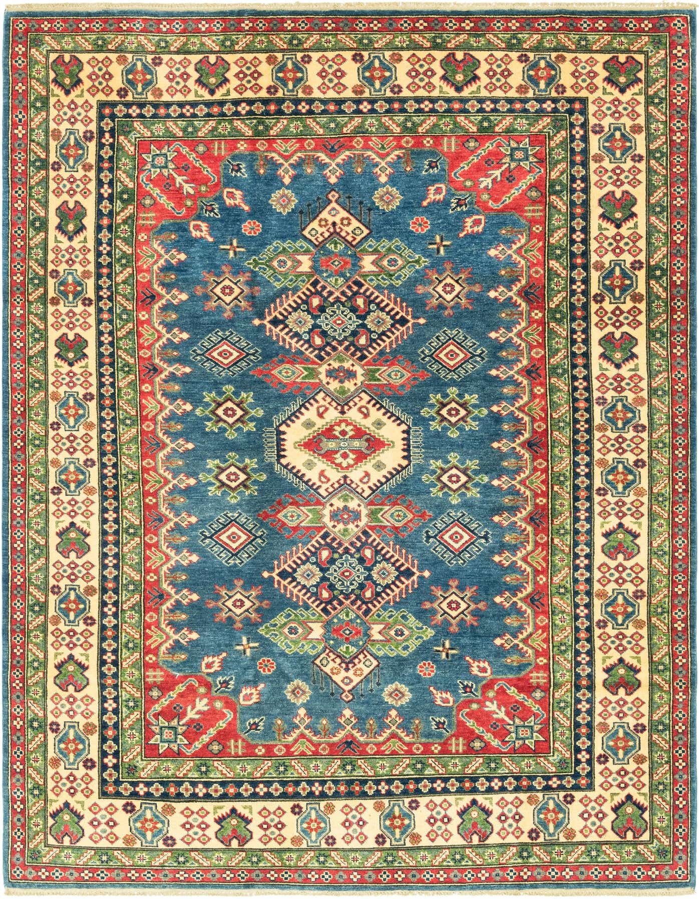 A 6x9 rectangular blue rug with a traditional Southwestern tribal medallion pattern, featuring red, green, and cream accents.