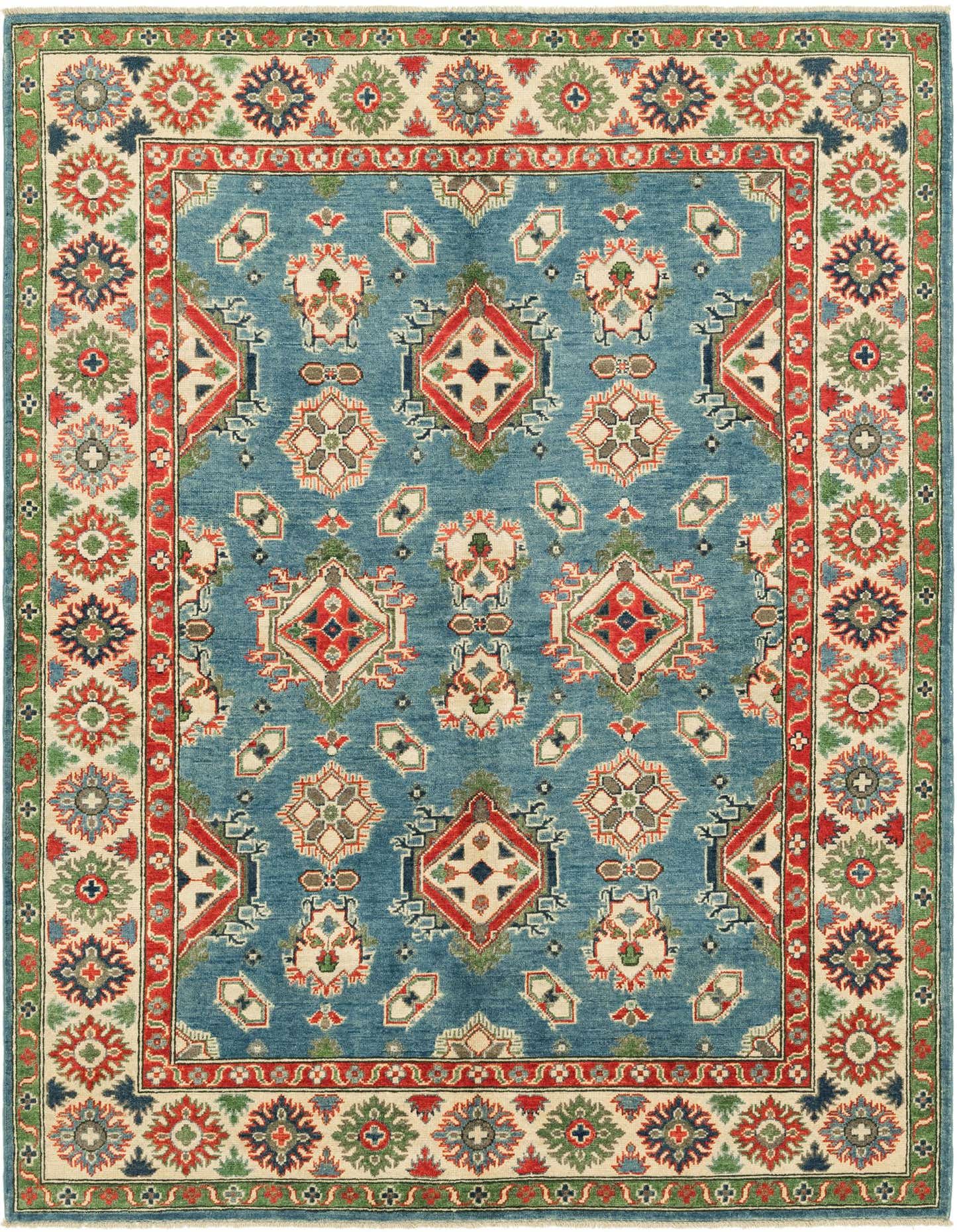 A 5x8 rectangular blue tribal rug with a detailed red, green, and cream border, featuring geometric patterns.